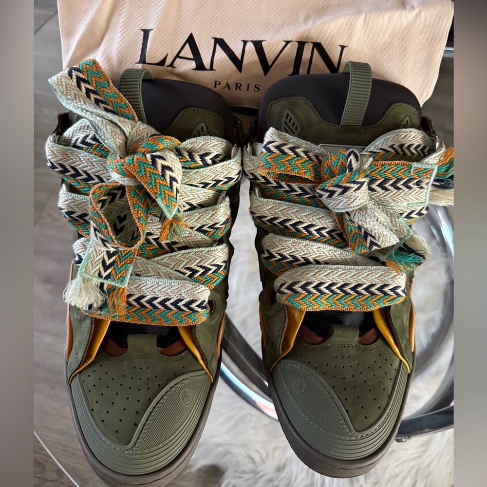 Lanvin Olive and Tan Suede Low-Top Sneakers with Multicolor Woven Laces